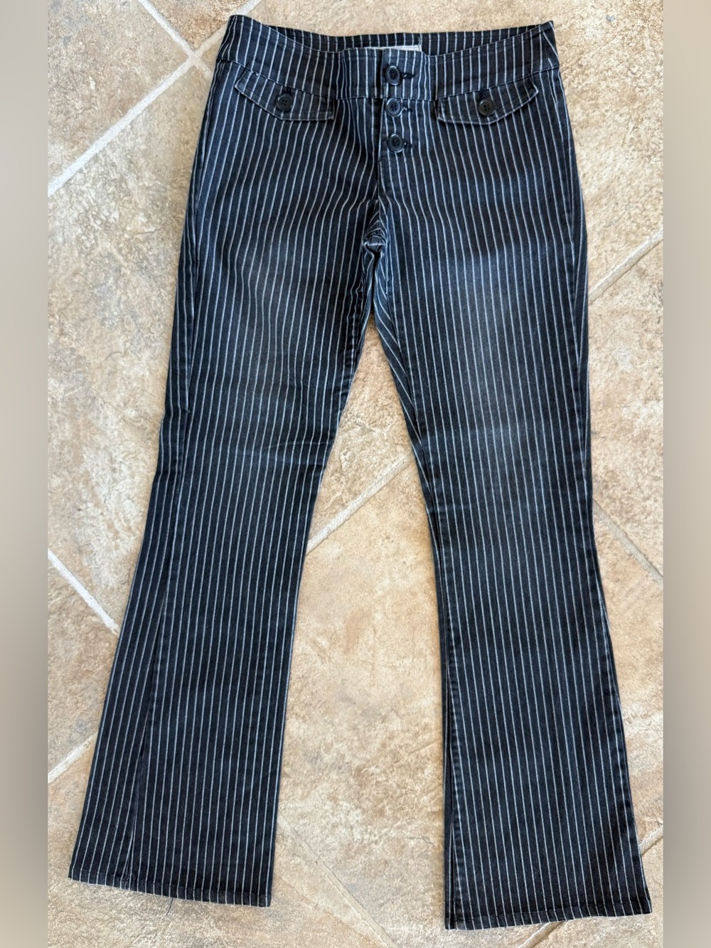 Y2K Anchor Blue Pin‑Striped Low Rise Flare Jeans | Size 7 | NWOT | Rare